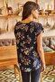 Women's Navy Blue Floral Patterned Short Sleeve V-Neck Comfortable Blouse Plus Size Options - 2