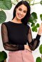 Women's Black Round Neck, Long Sleeve, Tulle Detail on Sleeves, Solid Cut, Standard Length Blouse