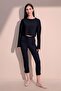 Women's Navy Blue Self Textured Crop Sweatshirt with Pockets, Loose Cut - 5
