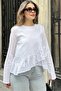 Women's White Cotton Loose Blouse with Ruffles at the Front, Round Neck, and Long Back