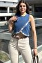 Women's Navy Blue Cross-Layered, Sleeveless, Round Neck, Crop Denim Blouse - 5