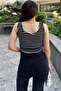 Black & White Striped, Slim Fit, Round Neck, Sweatproof, Crop Blouse & Undershirt - 6