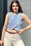 Women's Blue Cross-Layered Front, Sleeveless, Round Neck, Crop Denim Blouse