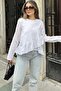 Women's White Cotton Loose Blouse with Ruffles at the Front, Round Neck, and Long Back - 2