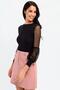 Women's Black Round Neck, Long Sleeve, Tulle Detail on Sleeves, Solid Cut, Standard Length Blouse - 2