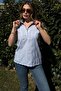 Women's Blue Striped, Textured Summer Fabric, Half Placket, Zero Sleeve Blouse - 4