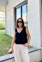 Black Straw Detailed V-Neck, Imported Muslin Fabric, Basic Cut, Loose Sleeveless Blouse & Tank Top - 5