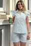 Women's Green Short Sleeve, Flare Ruffle Design on the Shoulders, Sweat-Proof, Stripe Pattern Fisto Shirt - 2