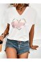 PINK HEART PRINTED WOMEN'S OVERSIZED V-NECK T-SHIRT