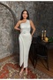 Imported Scuba Crepe Fabric Pearl Stone Embroidered Belt Detail Slit Lined Special Design Evening Dress - 2