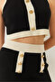 Women's Black Cream Button Detailed Strappy Mini Skirt Top and Bottom Set 20235080 - 6