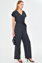 Women's Anthracite Double Breasted Collar Back V Detailed Pocket Belted Wide Leg Jumpsuit Arm-24Y001073 - 5
