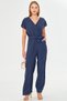 Women's Navy Blue Double Breasted Collar Back V Detailed Pocket Belted Wide Leg Jumpsuit Arm-24Y001073 - 2