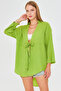 Women's Pistachio Green Self Striped Front Tie Kimono Shirt Arm-24Y001101 - 5