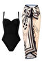 French-Inspired Draped Black Swimsuit Pareo Set of 2 with Corset Effect and Adjustable Straps