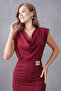 Women's Degaje Collar Slit and Accessory and Drape Design Sleeveless Burgundy Midi Evening Dress 77130 - 2