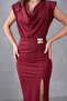Women's Degaje Collar Slit and Accessory and Drape Design Sleeveless Burgundy Midi Evening Dress 77130 - 8