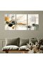 Three abstract canvas panels with a hollow silver frame