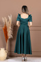 Satin Square Neck Balloon Sleeve Midi Dress - Emerald Green - 6