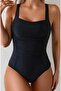 Shaping / Sculpting Square Neck Ruched Draped Swimwear with Chest Pads Black Slimming Effect - 6