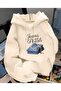 Jeans and Pearls Printed Hooded Pocket Beige Sweatshirt with Wool Inside