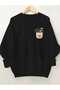 Floral Pocket Chest Printed Crew Neck Black Sweatshirt