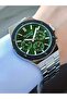 Function Men's Wrist Watch Green Dial Silver Metal Band Functional Design with Calendar