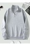 Gray Unisex Men/Women Solid Color Stand Collar Half Zipper Cotton Oversize