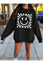 Black Unisex Men/Women Black Smiling Face Custom Printed Oversize Cotton Crew Neck