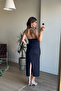 Navy Blue Buckle Window Detail Slim Denim Dress - 6