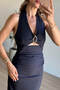 Navy Blue Buckle Window Detail Slim Denim Dress - 2