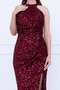 Sequin Sequin Halter Neck Tie-Detail Pencil Long Dress - Bordo - 2