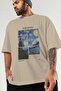 Van Gogh the Starry Night Front Printed Beige Oversize T-Shirt Men Women Crew Neck Cotton T-Shirt - 3