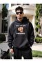Fingered Printed Hooded Pocket Cotton Black Sweatshirt