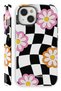 For iPhone 15 Double Layer Shock-Absorbing Protection Checkerboard Flower Glossy Superior Protect Phone Case