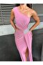 One-Shoulder Detail Sandy Fabric Dress 583181 Pink - 4