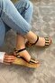 Women's Eftal Black Straw Detail Thick Cork Sole Orthopedic Sandals K-230