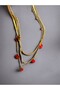 Three Row Gold Color Steel Necklace – Elegant Design with Red Flower Detail - 3