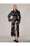 Women's Bride Black Patterned Flounced Special Design Dressing Gown Long Silky Satin Kimono - 4