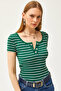 Women's Emerald Green Metal Buttoned Striped Knitted Blouse - 5