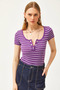 Women's Purple Metal Buttoned Striped Knitted Blouse - 3