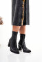 Women's Black Leather Pointed Toe Stretch Heeled Boots - 4