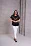 Women's Plus Size V Pattern Stone Leopard Printed Black-Brown Blouse