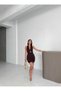 V-Neck Halter Neck Waist Cuff Gold Accessory Detailed Side Gathered Mini Dress - 2
