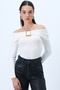 Women's White Madonna Collar Buckle Detailed Soft Textured Lycra Knitted Blouse Alc-X14300 - 2