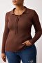 Kahverengi Polo Yaka Fitilli İnce Triko Bluz TBBAW26AF00001 - 3