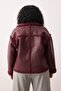 Bordo Peluş Detaylı Suni Deri Biker Ceket Büyük Beden Mont TWOAW26AW00014 - 4