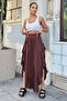 Coffee Bohemian Style, Raised Waist, Deep Side Slit, Ruffled Asymmetric Cut, Loose Skirt Pants