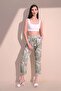 Women's Khaki Comfortable Satin Elastic Waist Safari Pattern Trousers - 4