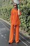 Women's Orange Seersucker Fabric, Double Pocket Shirt & Wide Leg Pants - Loose Top & Bottom Set - 8
